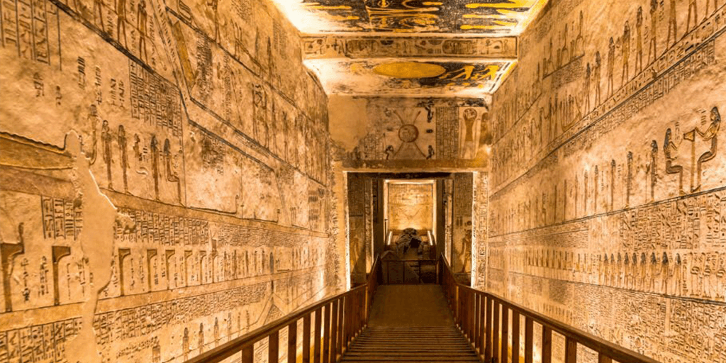The intricately painted walls and astronomical ceiling of Ramesses VI in the Valley of the Kings, Luxor, captured during a private Top Class Egypt Travel guided tour