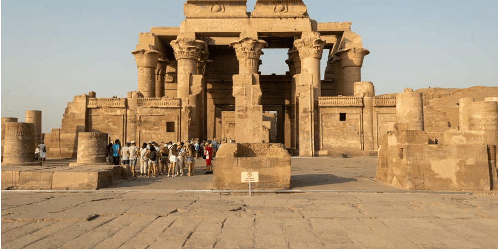 The ancient stone columns and sanctuary of the Temple of Kom Ombo dedicated to Sobek and Haroeris, located along the Nile in Egypt