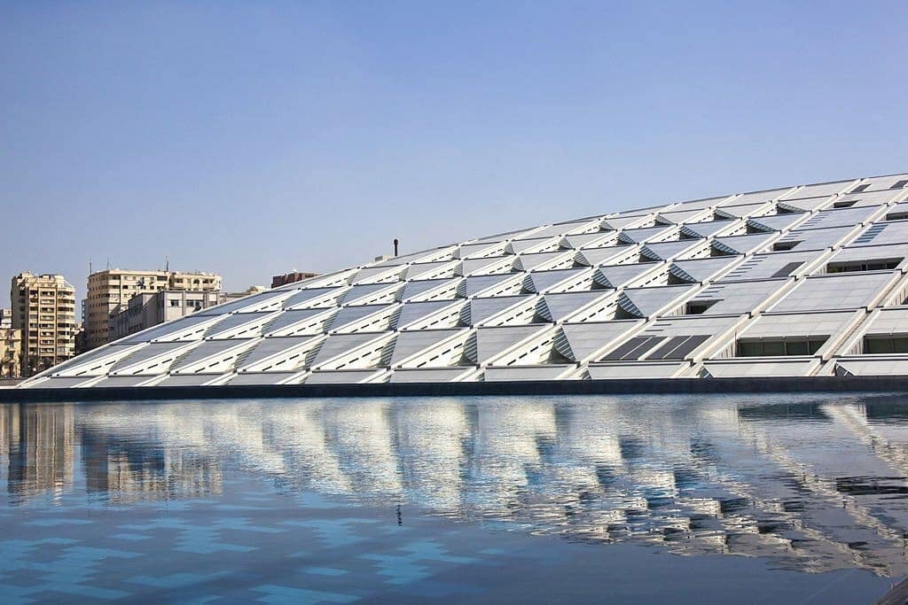 alexandria egypt library outside reflection in a pond
