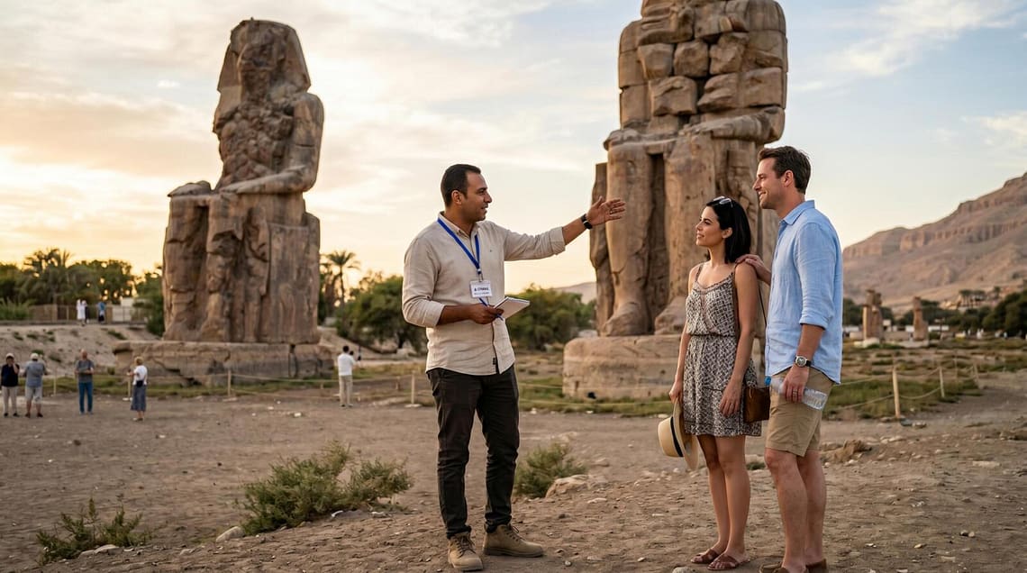 A professional private Egyptologist in smart-casual attire guiding a couple in front of the massive Colossi of Memnon in Luxor.