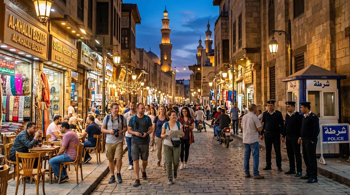 A group of tourists walking through a brightly lit, historic Egyptian market street at night with a visible "Police" security booth and officers nearby.