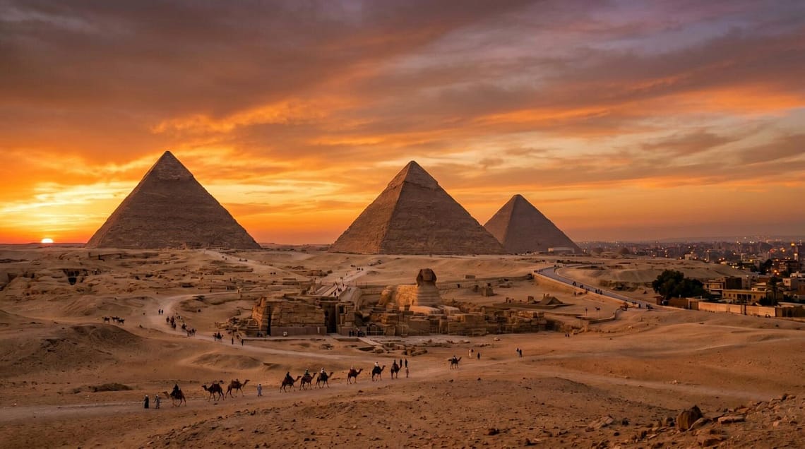 Wide-angle panoramic view of the three Great Pyramids of Giza and the Sphinx under a vibrant orange and purple sunset sky.
