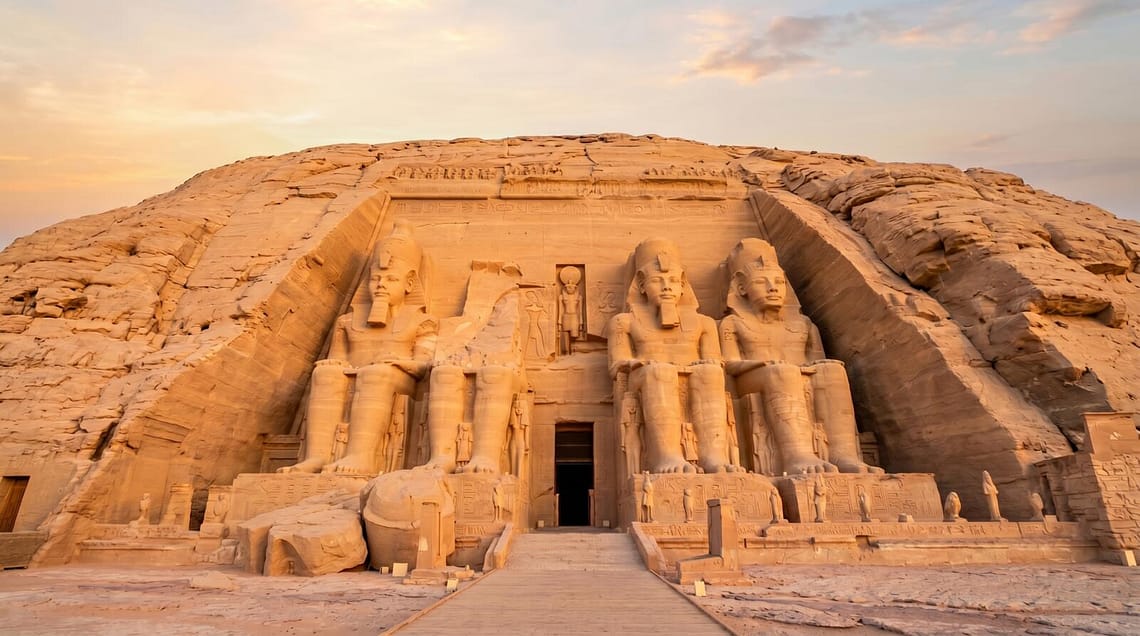Colossal statues of Ramses II at the Abu Simbel temples carved into the sandstone cliff in Aswan Egypt at golden hour sunrise