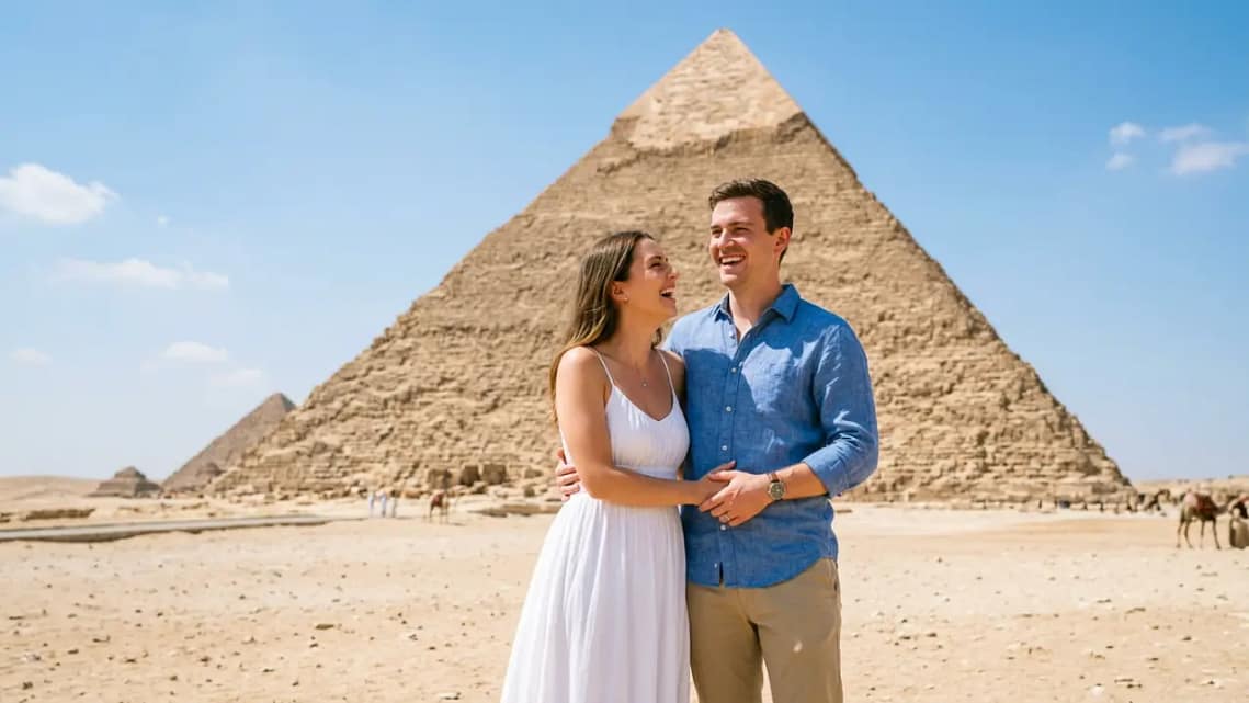 15 Days Lovely Honeymo15 Days Honeymoon Egypt - Happy couple enjoying their honeymoon at the Pyramidson Package Across Egypt