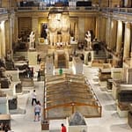 The interior of the historic Egyptian Museum in Tahrir Square, Cairo, featuring the world-famous treasures and artifacts of ancient Pharaohs.