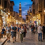 A group of tourists walking through a brightly lit, historic Egyptian market street at night with a visible "Police" security booth and officers nearby.