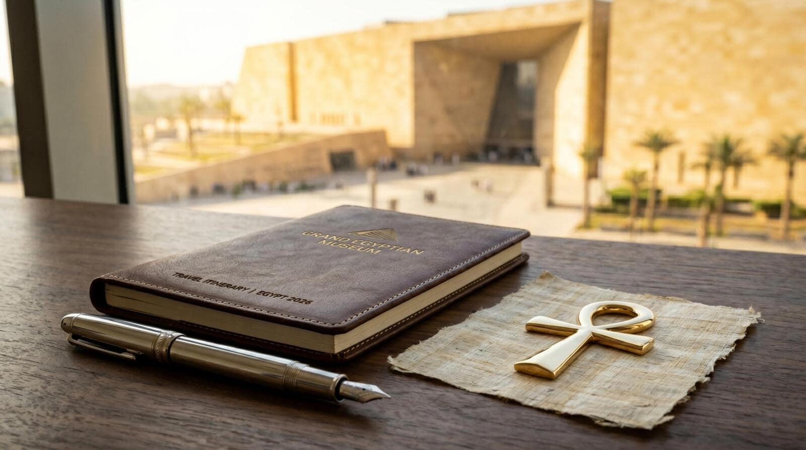 A premium leather-bound travel itinerary, an elegant silver pen, and a golden Ankh symbol on a desk overlooking the Grand Egyptian Museum in Cairo
