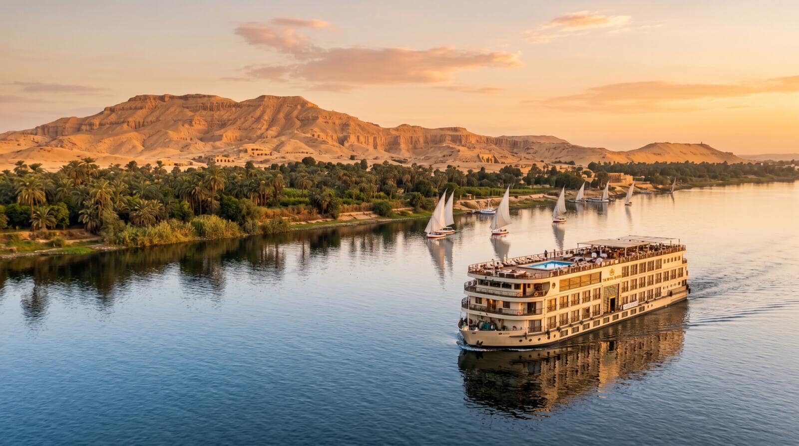 A 5-star luxury Nile cruise ship sailing at sunset with white-sailed feluccas and desert mountains.