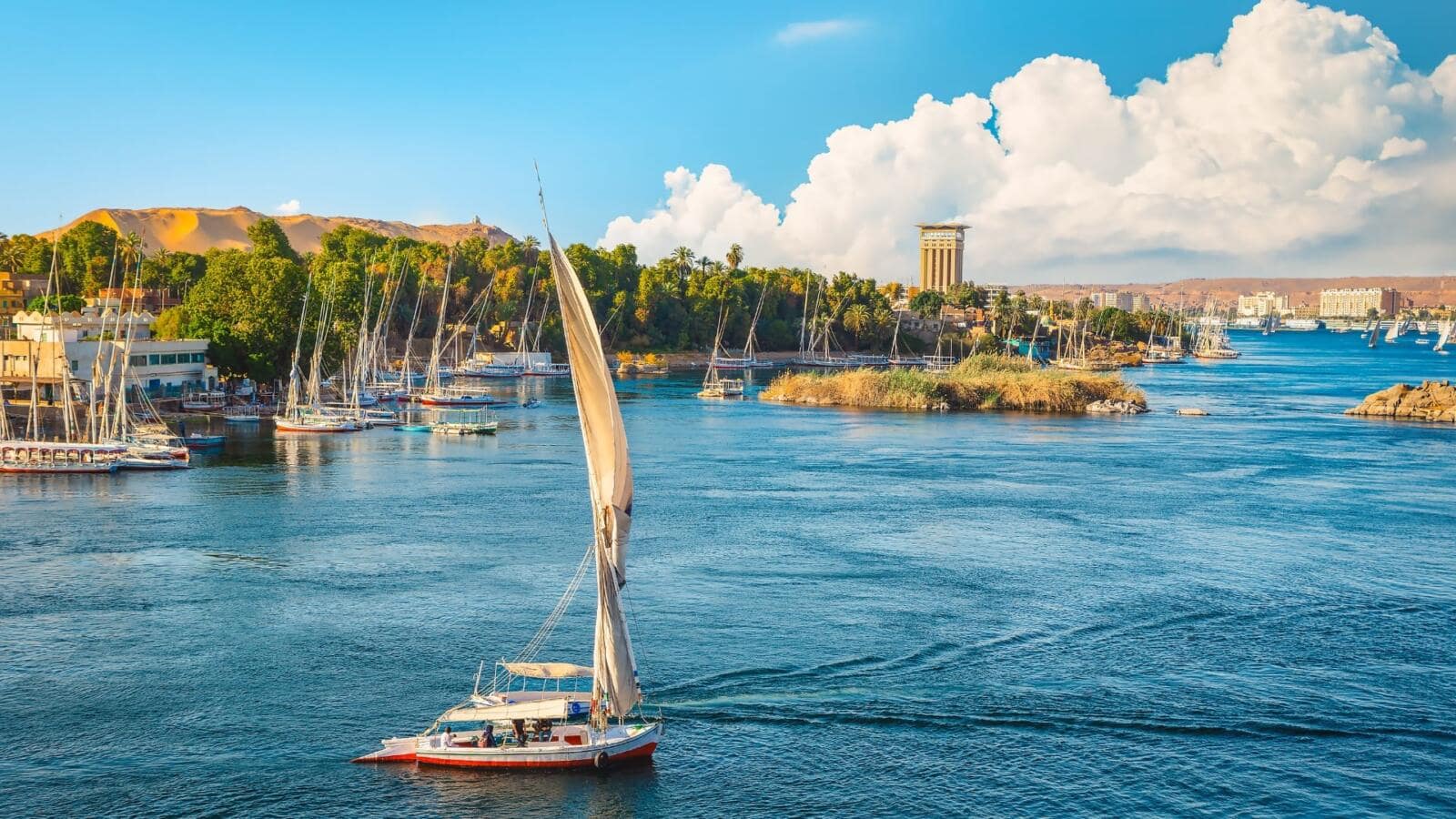 A traditional Egyptian felucca sailboat with a large white sail gliding gracefully on the blue Nile River near Aswan, surrounded by lush riverbanks and a clear sky