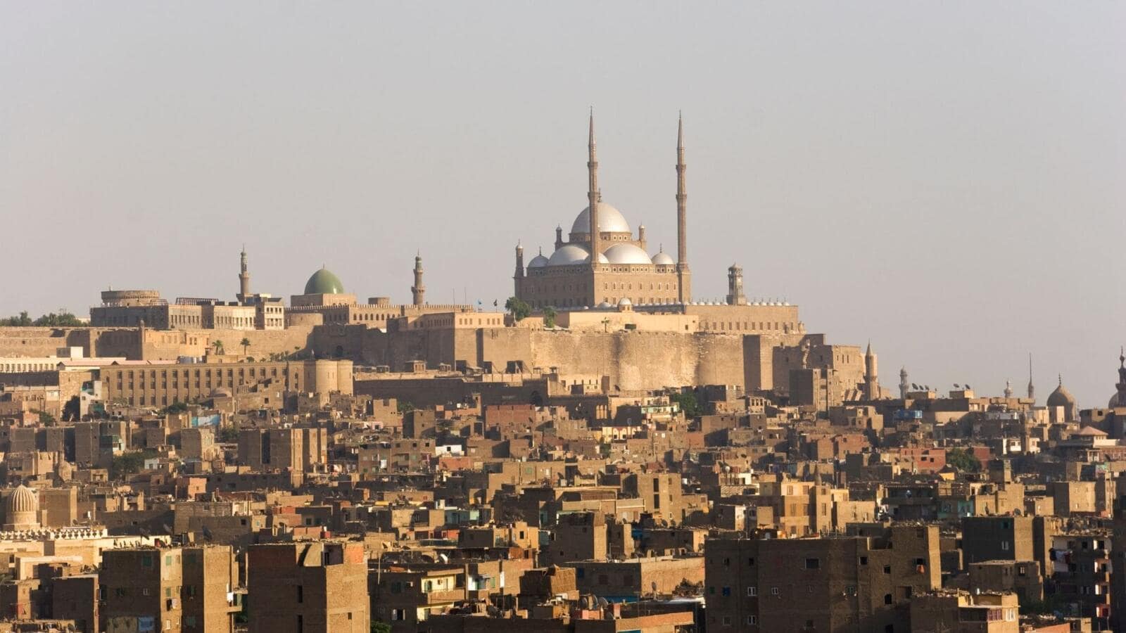 The domes and minarets of the Mosque of Muhammad Ali overlooking the city of Cairo.