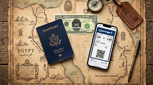 A flat lay photo on an ancient map featuring a US passport, a 25-dollar bill, and a smartphone displaying an EgyptAir digital boarding pass.